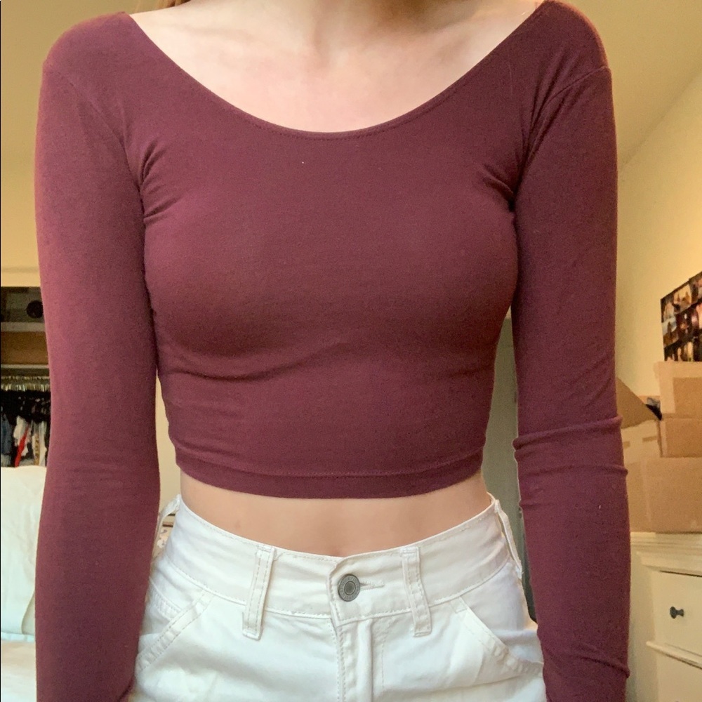 Maroon Stretchy Tight Long Sleeve Crop Top
